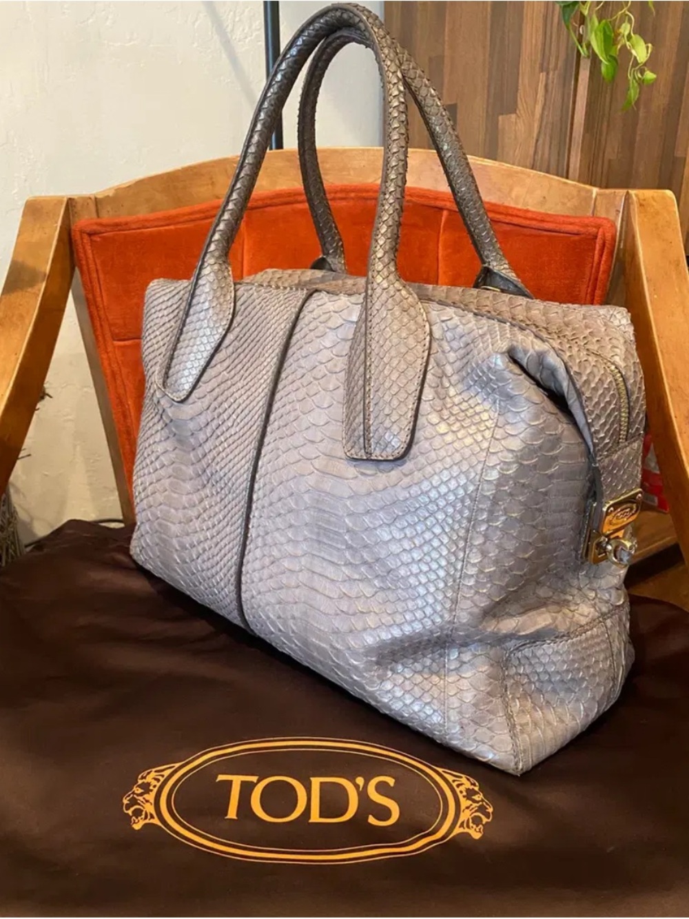 TOD'S Silver-Gray Python Leather Tote - Picture 2 of 10